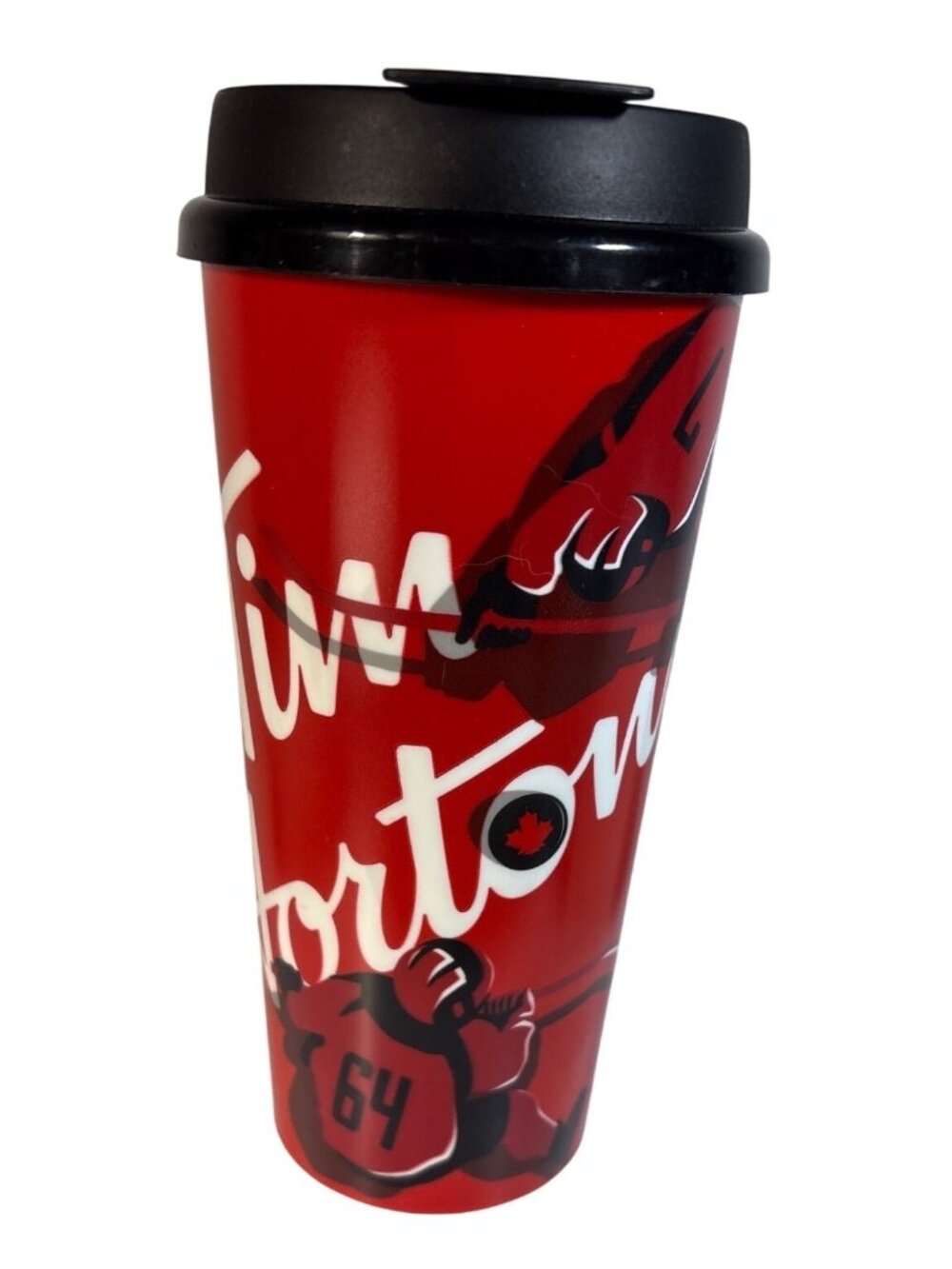 Tim Hortons Travel Mug Hockey Graphics 2019 Black Lid Handle 22 oz 8" Whirley
